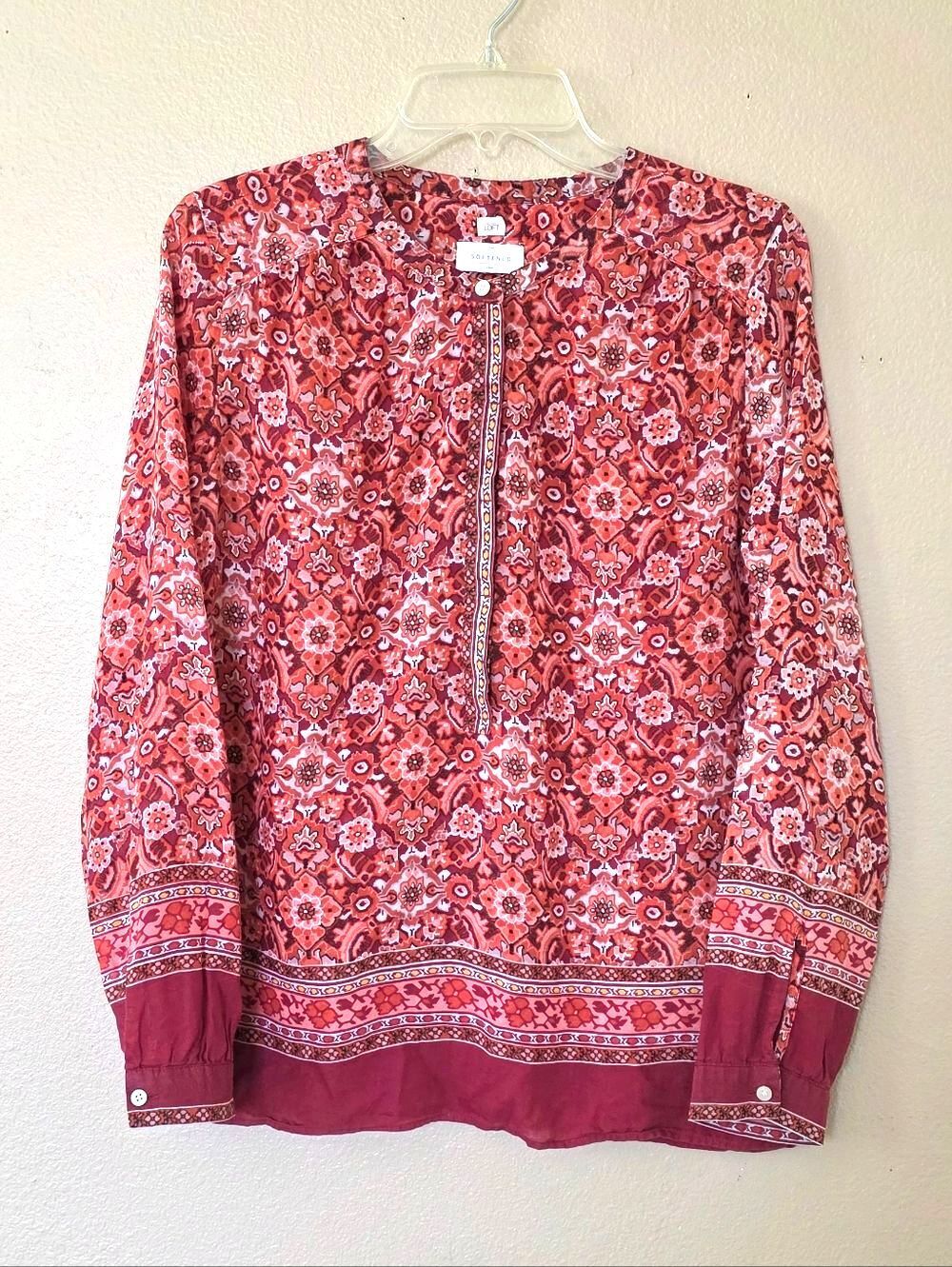 LOFT The Softened Shirt Red Scarlet Bouquet Henley Blouse Top